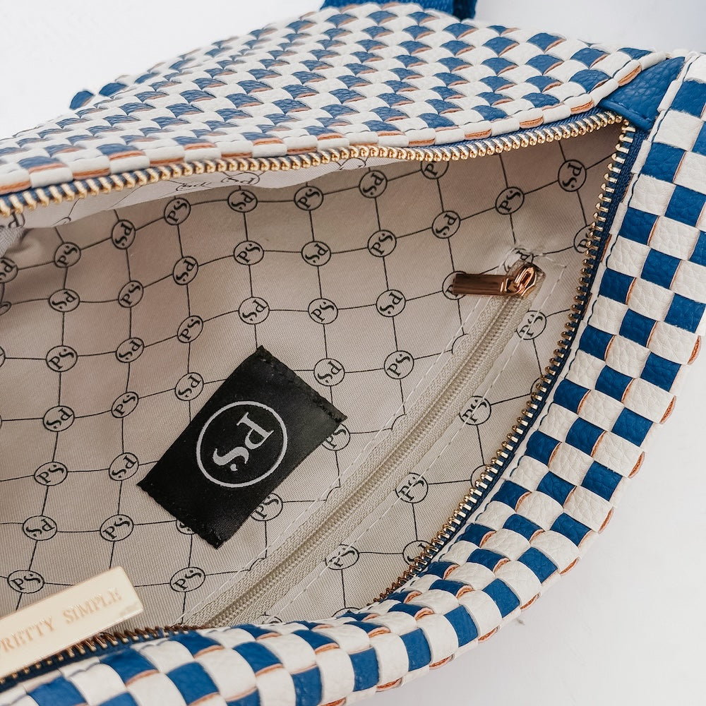 Blue and white woven checkered bum bag interior lining with zipper pocket