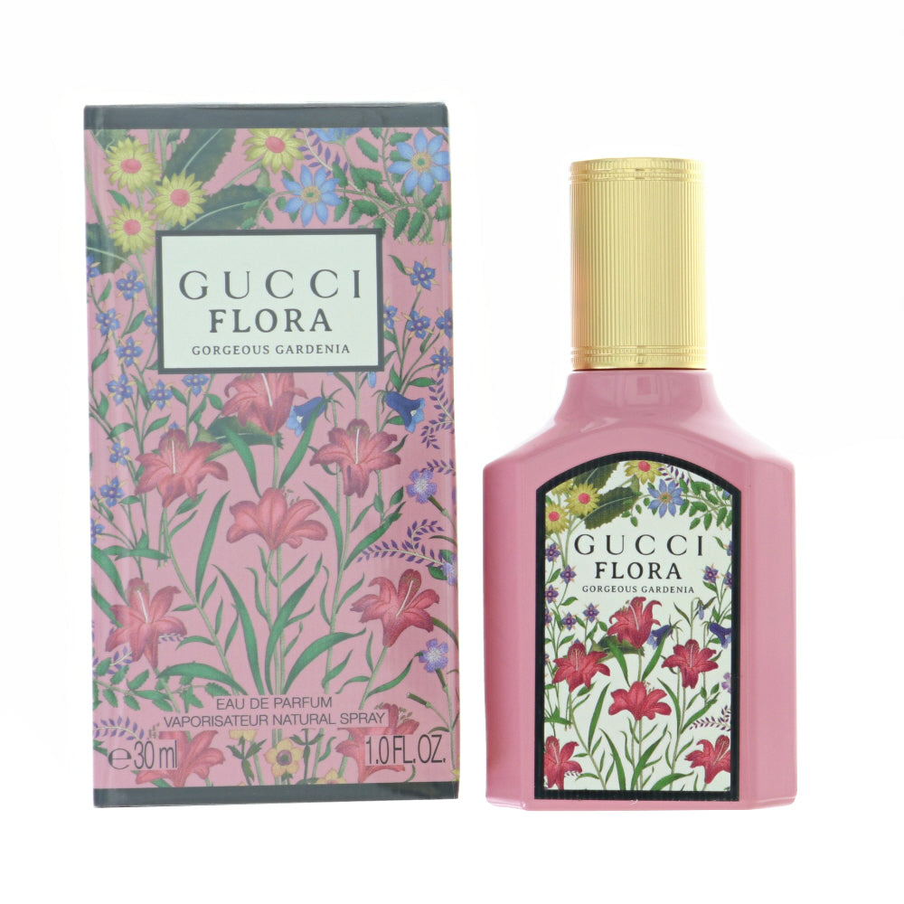 Gucci Flora Gorgeous Gardenia eau de parfum bottle with floral label and 1.0 fl oz box