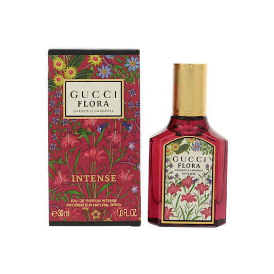 Gucci Flora Intense eau de parfum bottle and box, red glass with gold cap