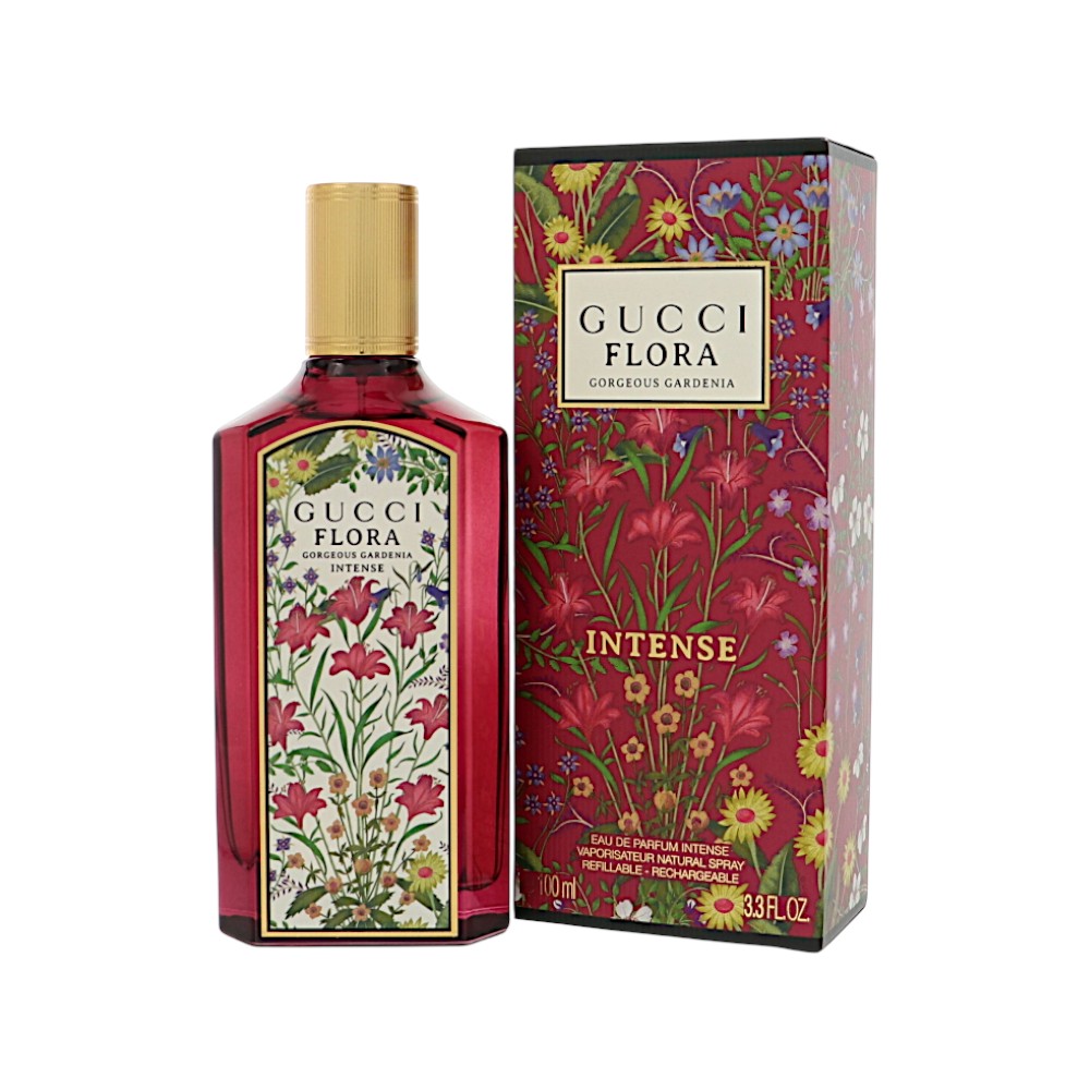 Gucci Flora Intense eau de parfum bottle and box set with floral label, gold cap