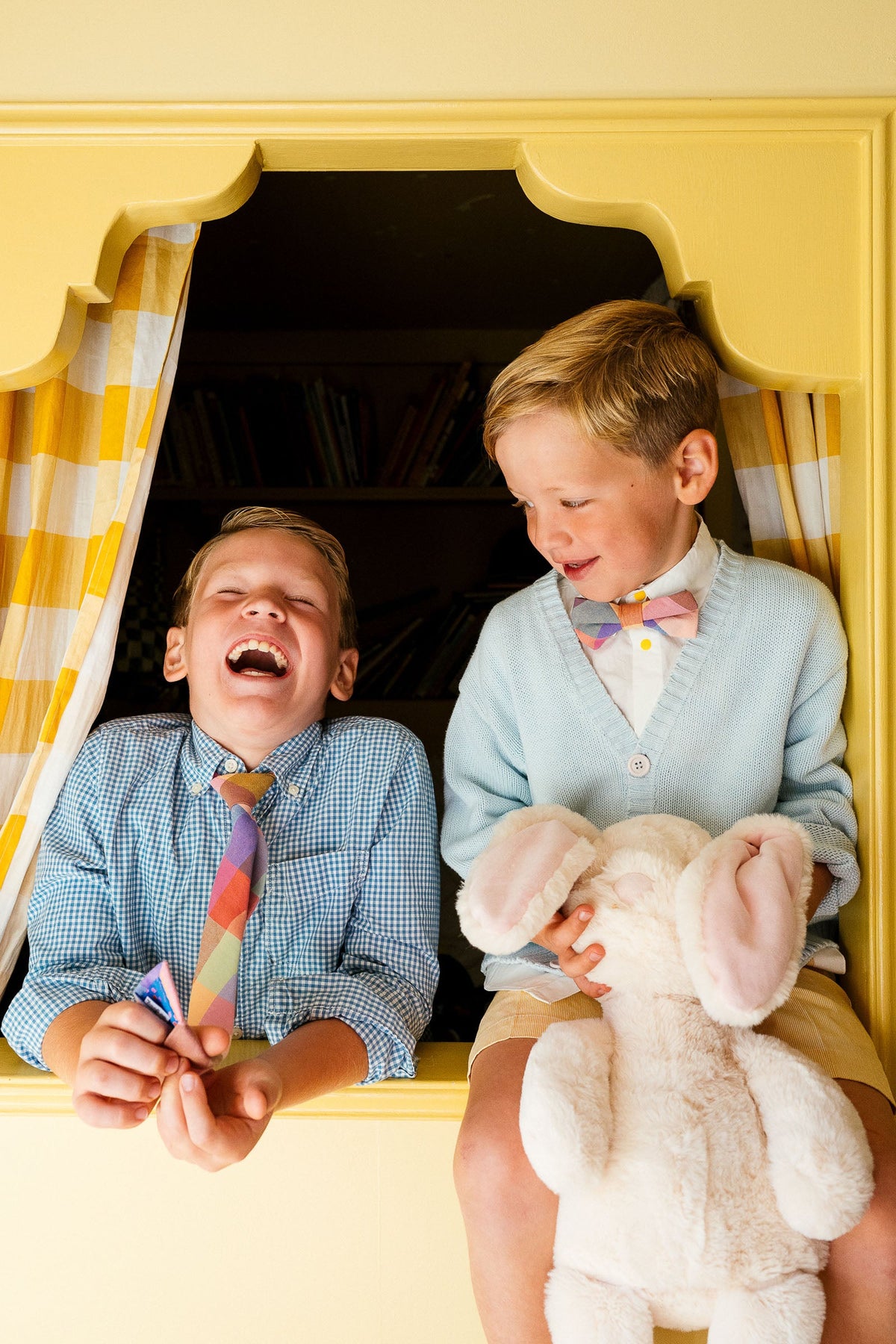 Boys plaid neckties with multicolor block pattern on two children