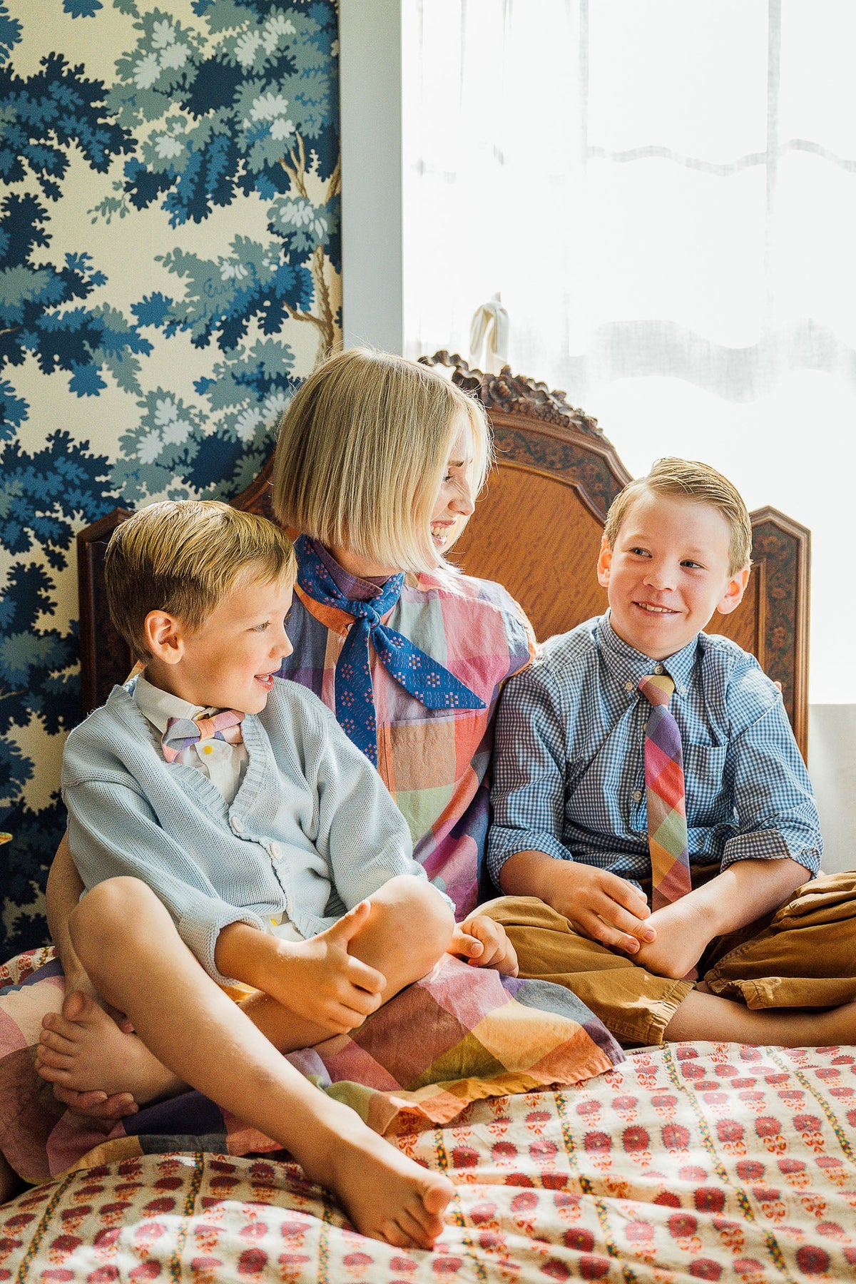 Boys plaid neckties with multicolor block pattern worn with light shirts