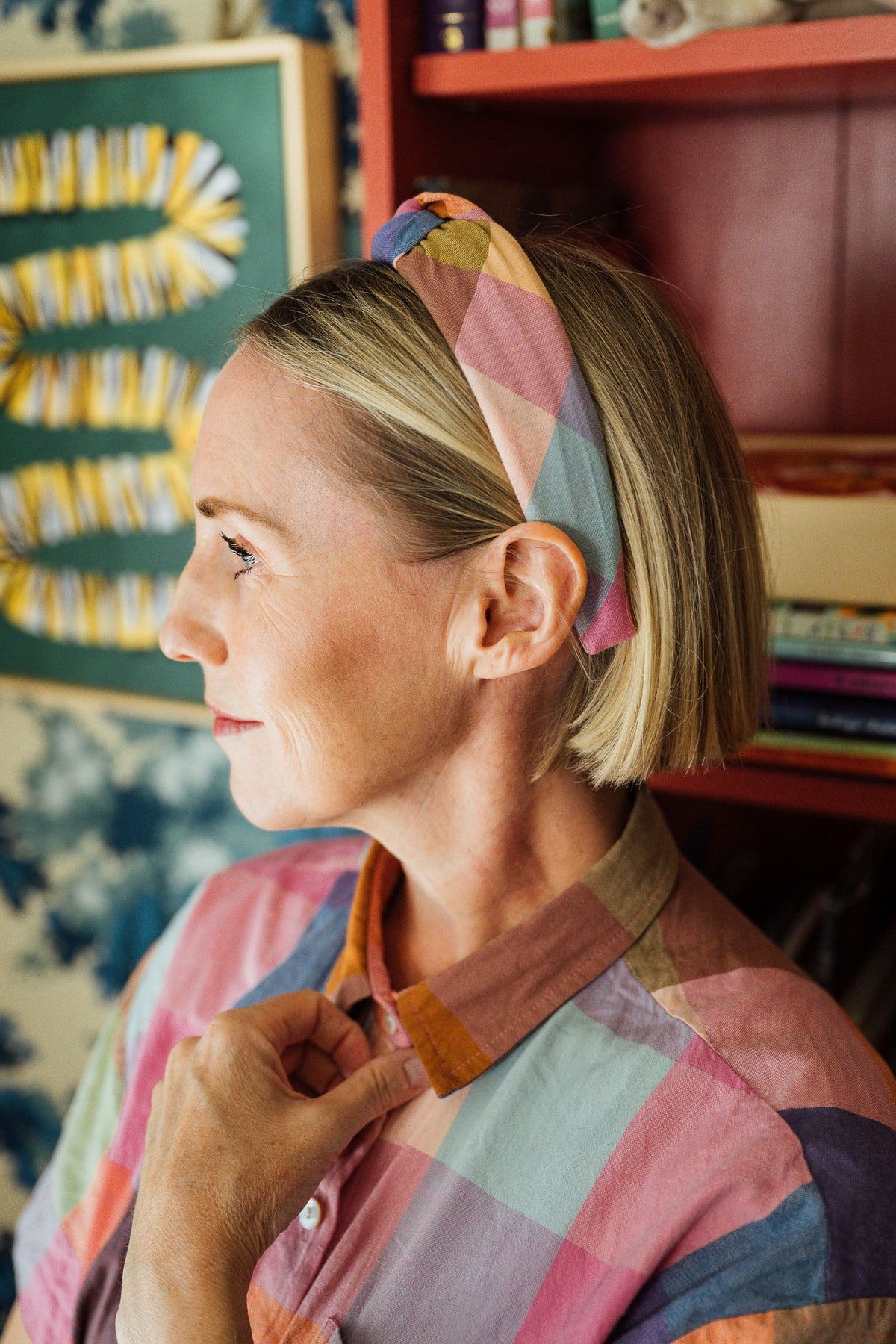 Pastel plaid knotted headband, wide band with tied knot at the top