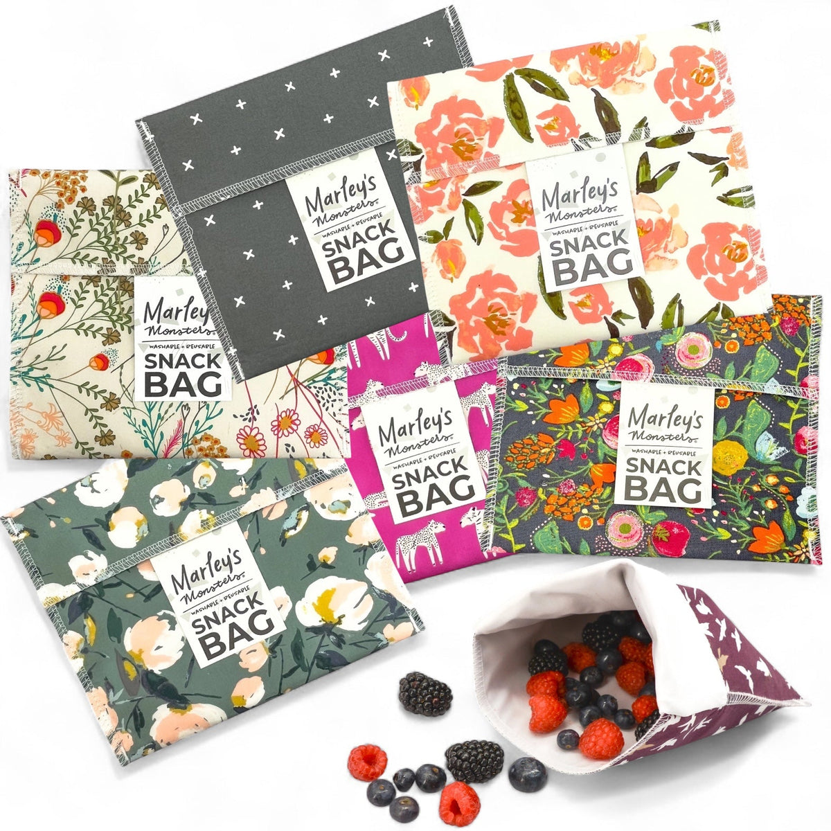 Reusable snack bag set with assorted floral and stripe designs, fabric pouch style