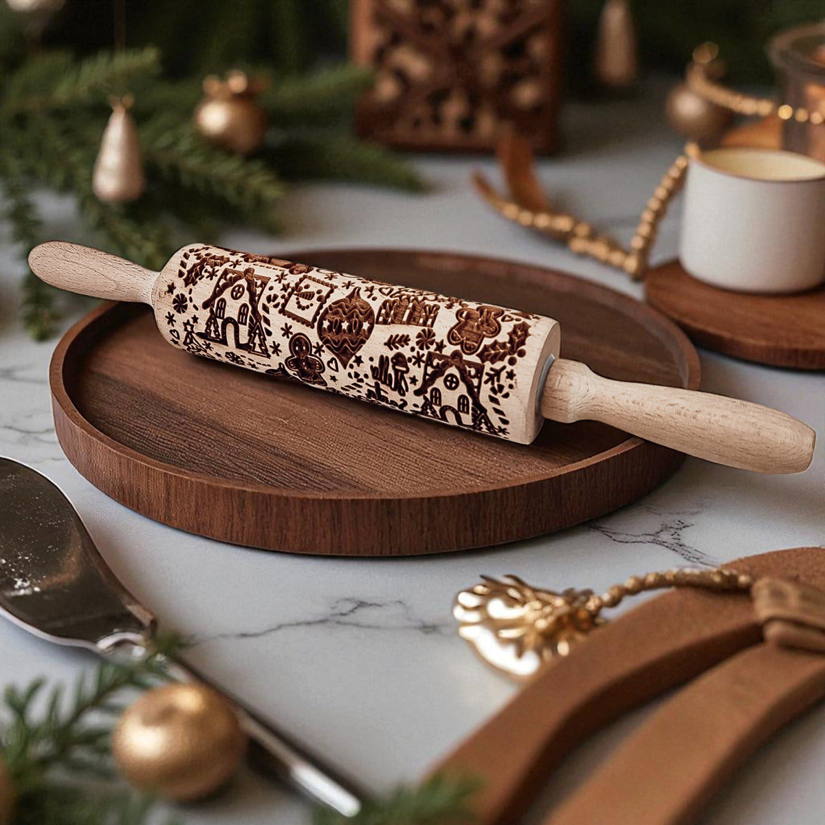 Wooden Christmas rolling pin with festive animal and star icons printed on roller