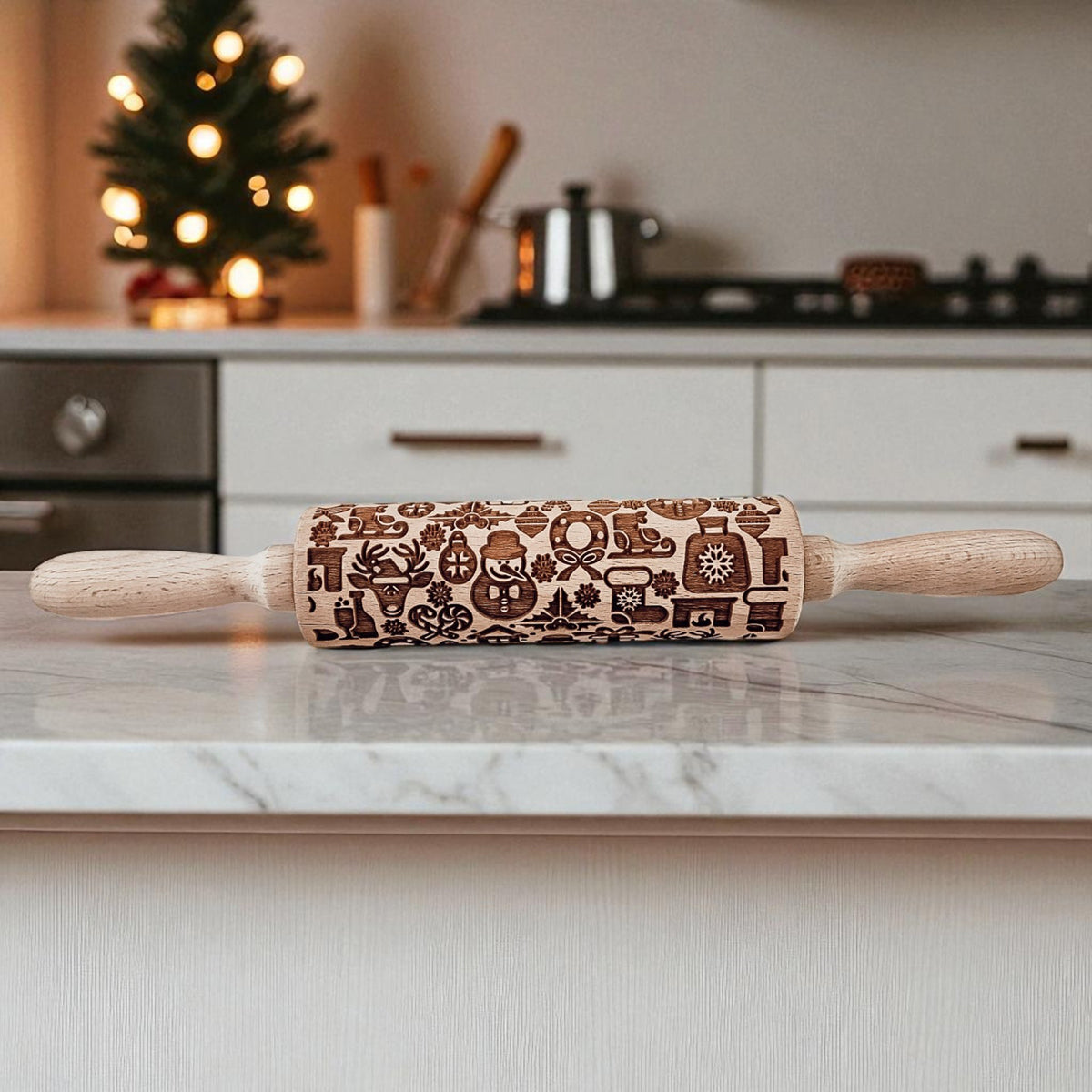 Wooden Christmas rolling pin with gingerbread, trees, and stars pattern on barrel