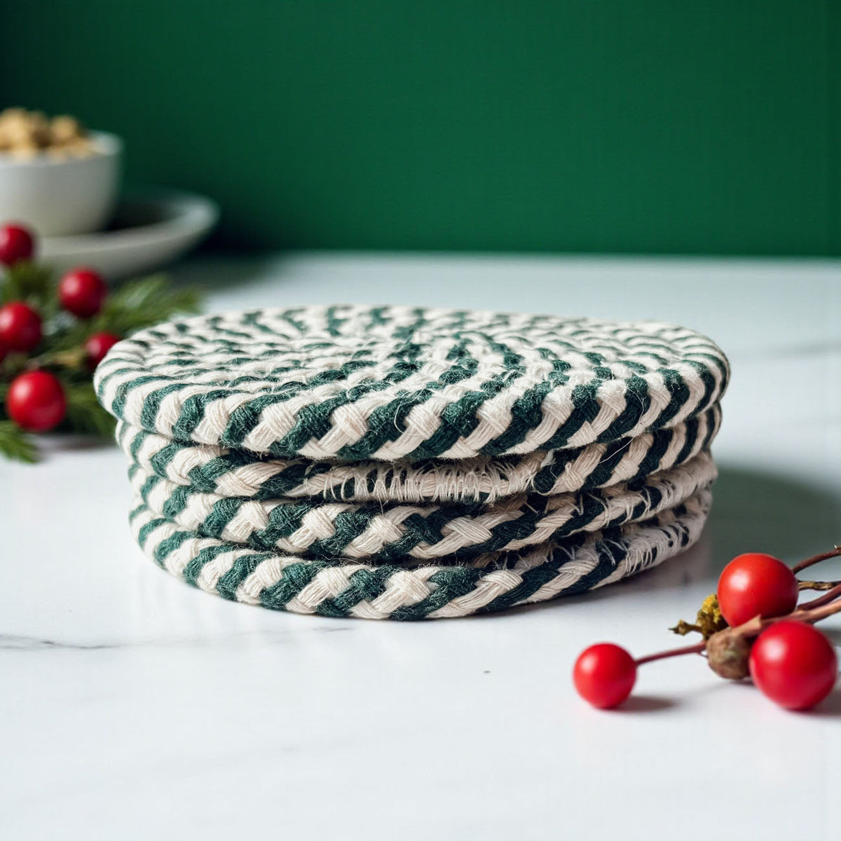Set of 4 dark green-and-cream candy cane coasters, stacked braided rope rounds