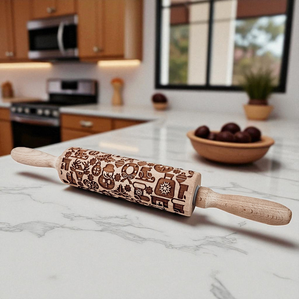 Wooden Christmas rolling pin with gingerbread and cookie-themed line art pattern