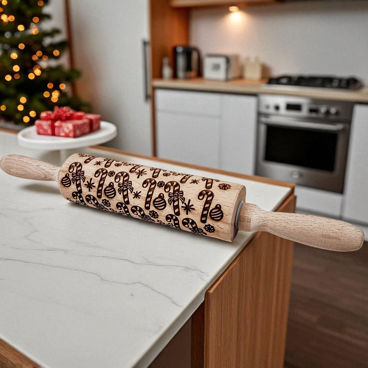 Wooden Christmas rolling pin with snowflake and holiday icon pattern on light roller