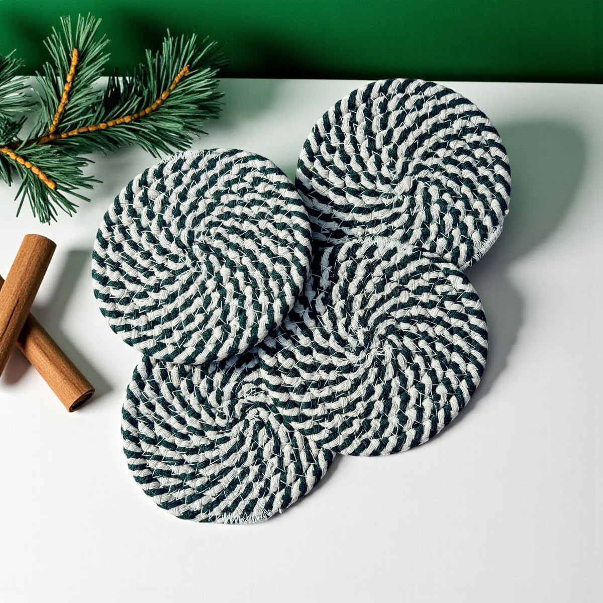 Coaster set (4-pack) with round navy-and-white striped coasters, stacked