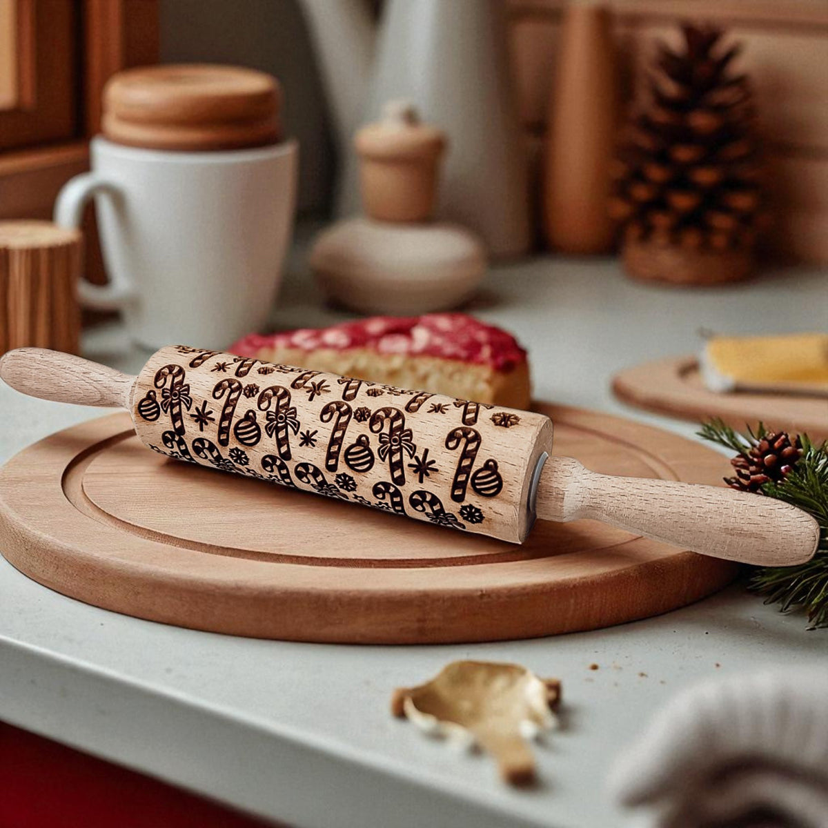 Wooden Christmas rolling pin with gingerbread and holiday icon pattern on barrel