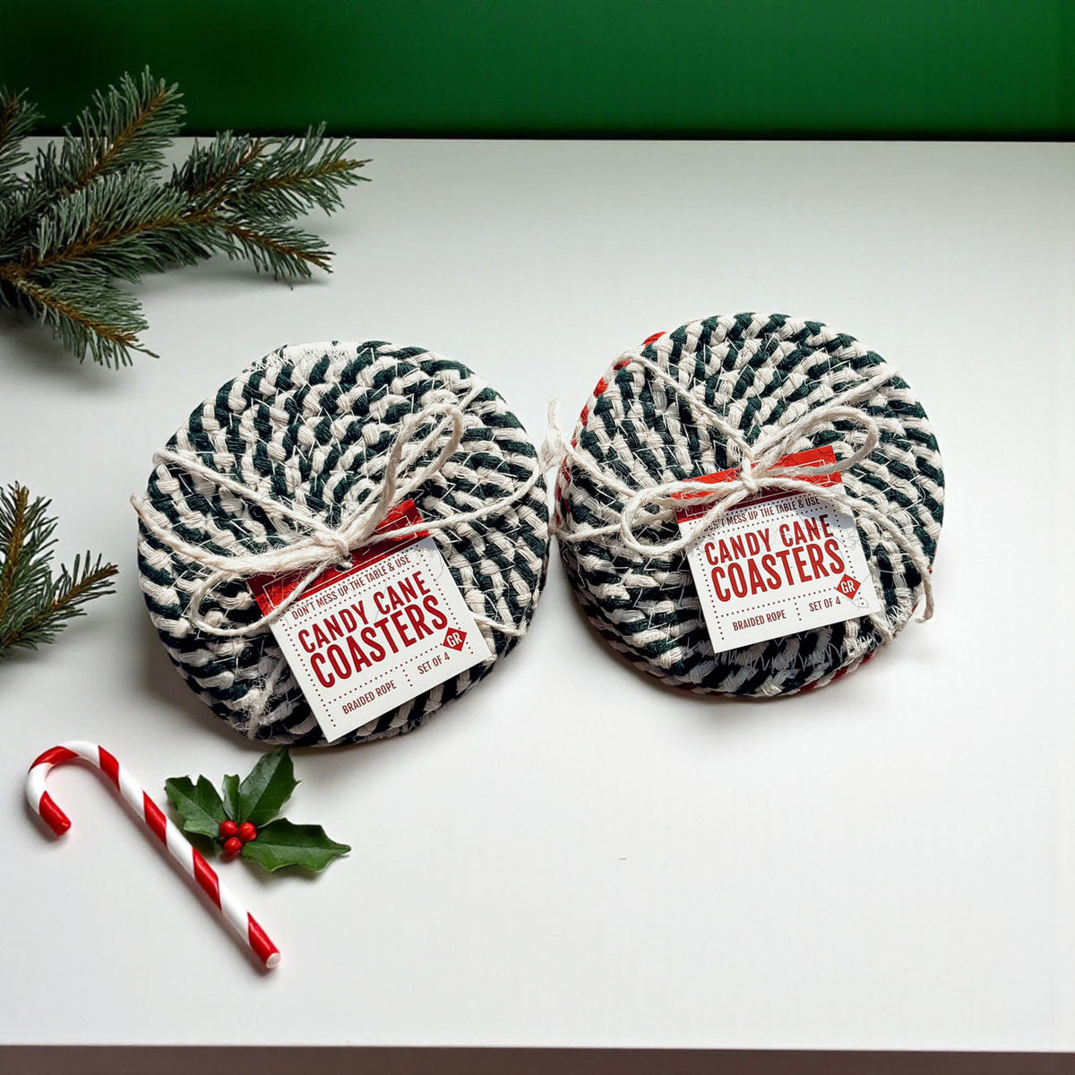 Candy cane coasters, red and green striped rope circles with labels (2-pack)