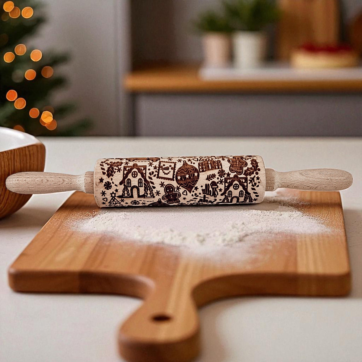 Wooden Christmas rolling pin with village house and tree icons pattern on roller