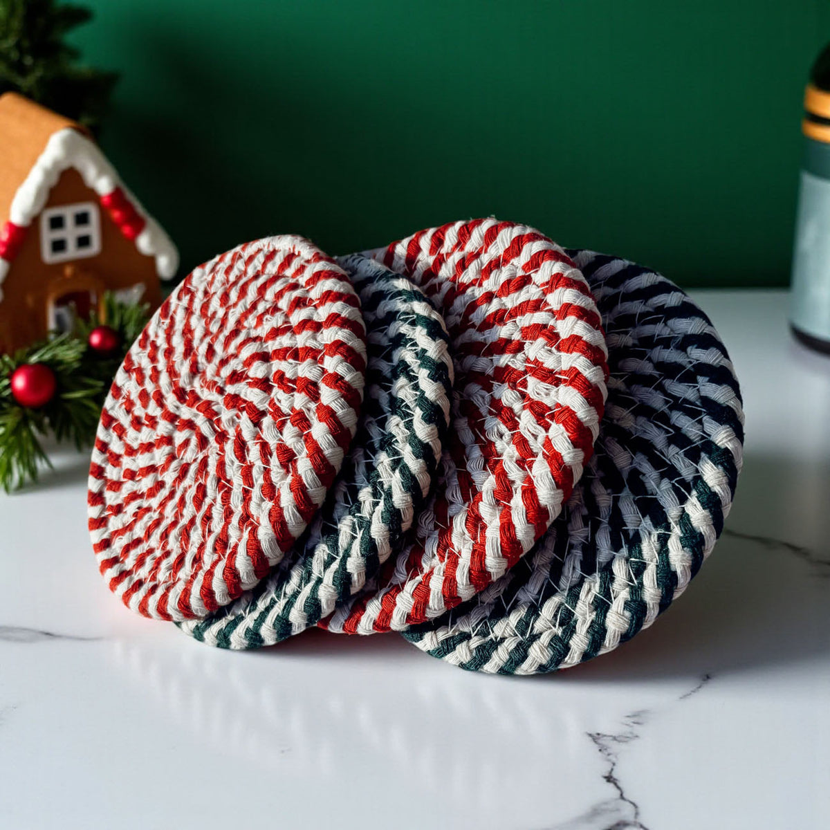 Coaster set (4-pack) with red-and-white and navy-and-white striped round coasters