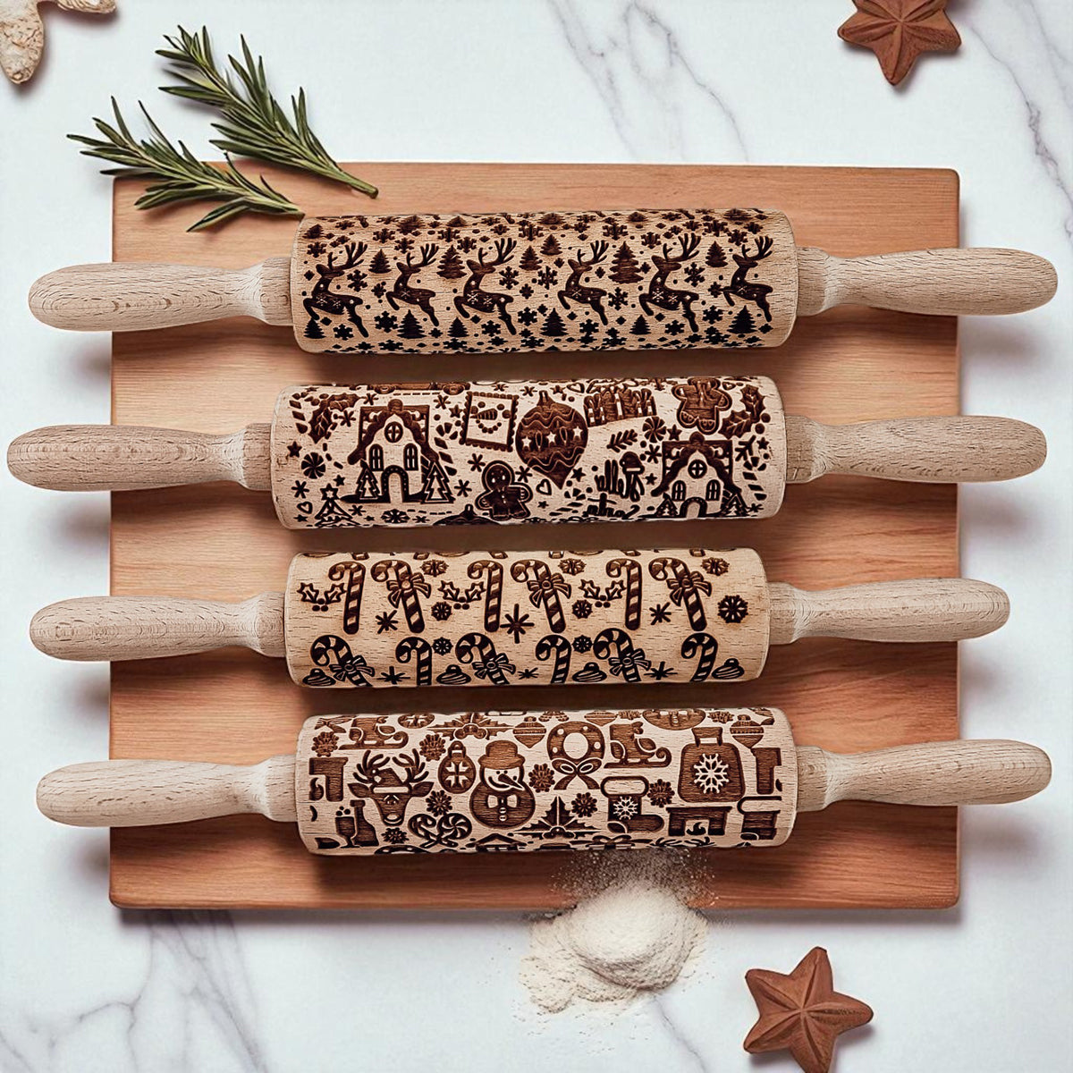 Wooden Christmas rolling pin set with four patterned barrels and light wood handles
