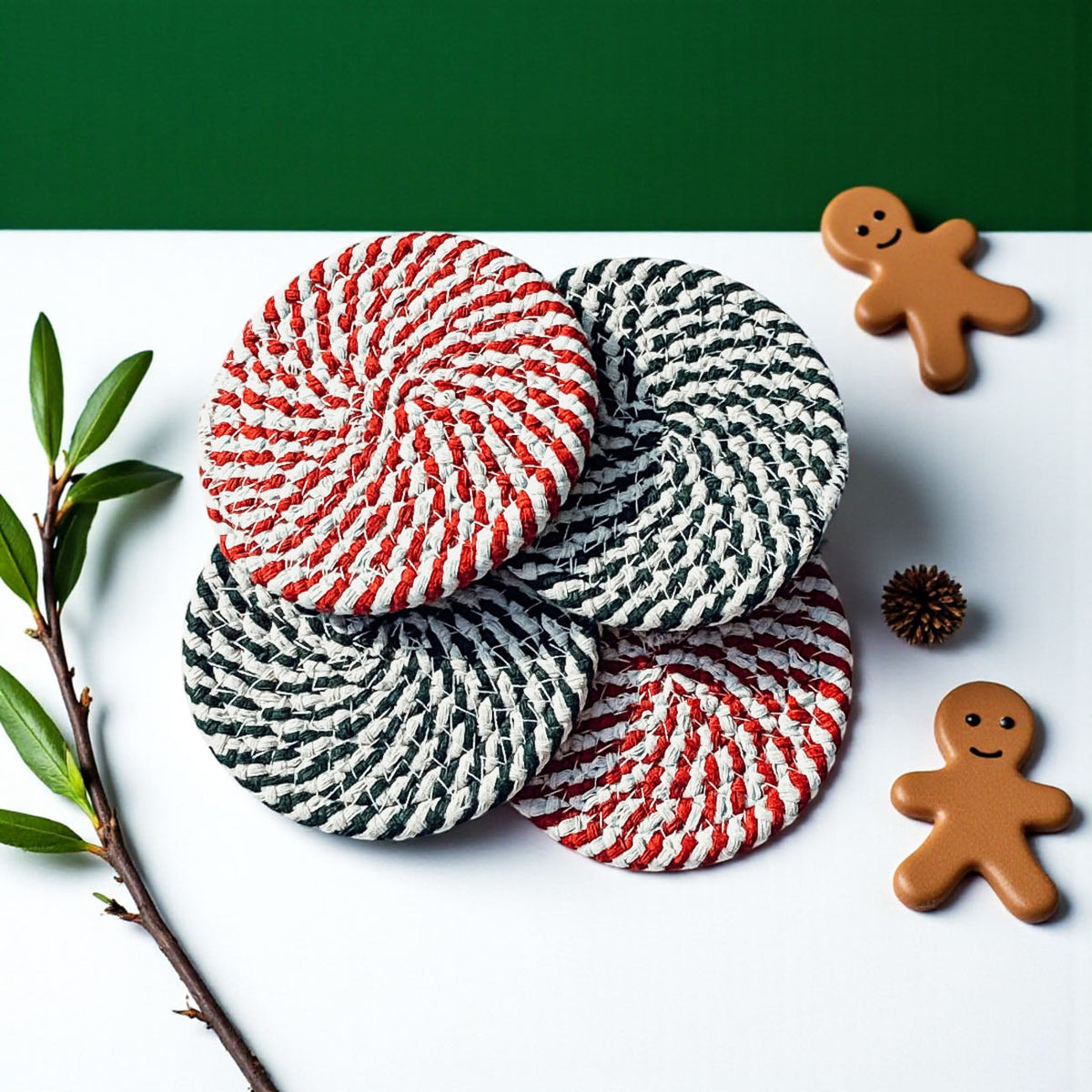 Mixed set of round woven coasters with red-white and navy-white striped patterns