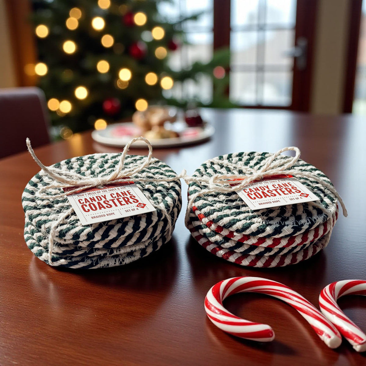Set of 4 dark green-and-cream braided rope coasters with printed product labels