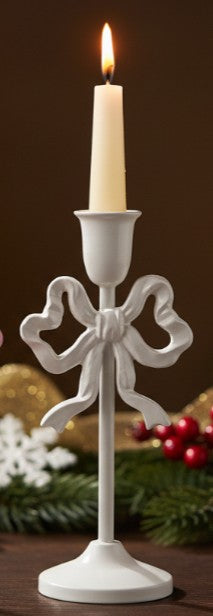 10-inch cast iron bow taper holder in white, bow-shaped candle stand for taper