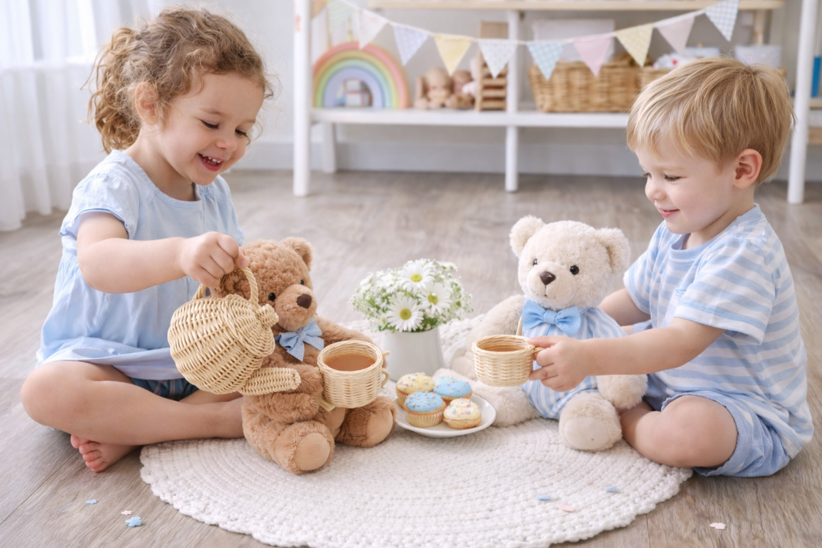 Natural wicker tea set with teapot and cups used for teddy bear tea play