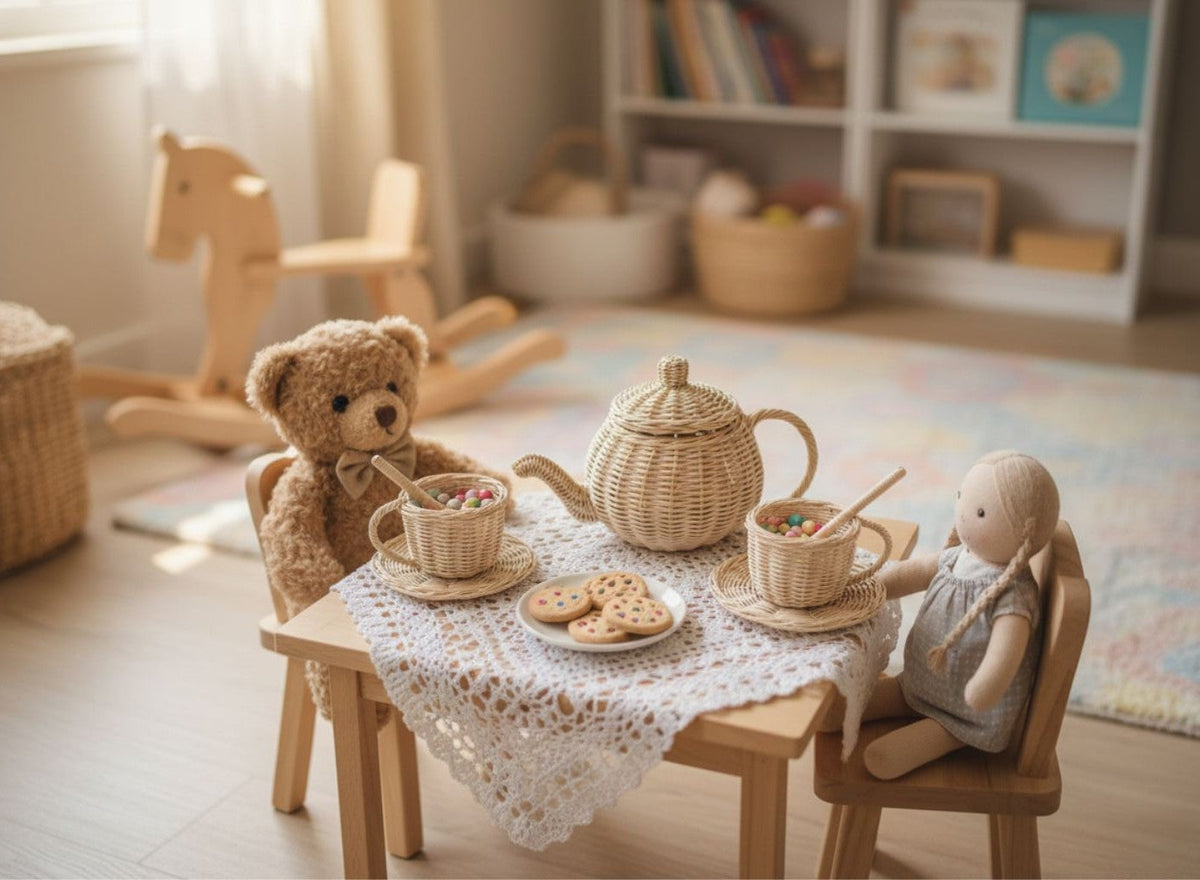 Wicker tea set with teapot, two cups and saucers on a play table