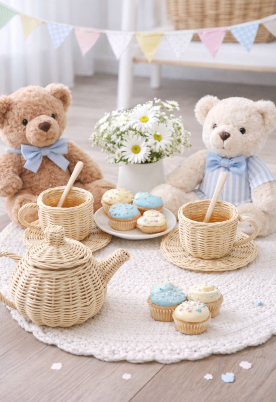 Natural wicker toy teapot, cups, saucers, and spoons in a tea party setup
