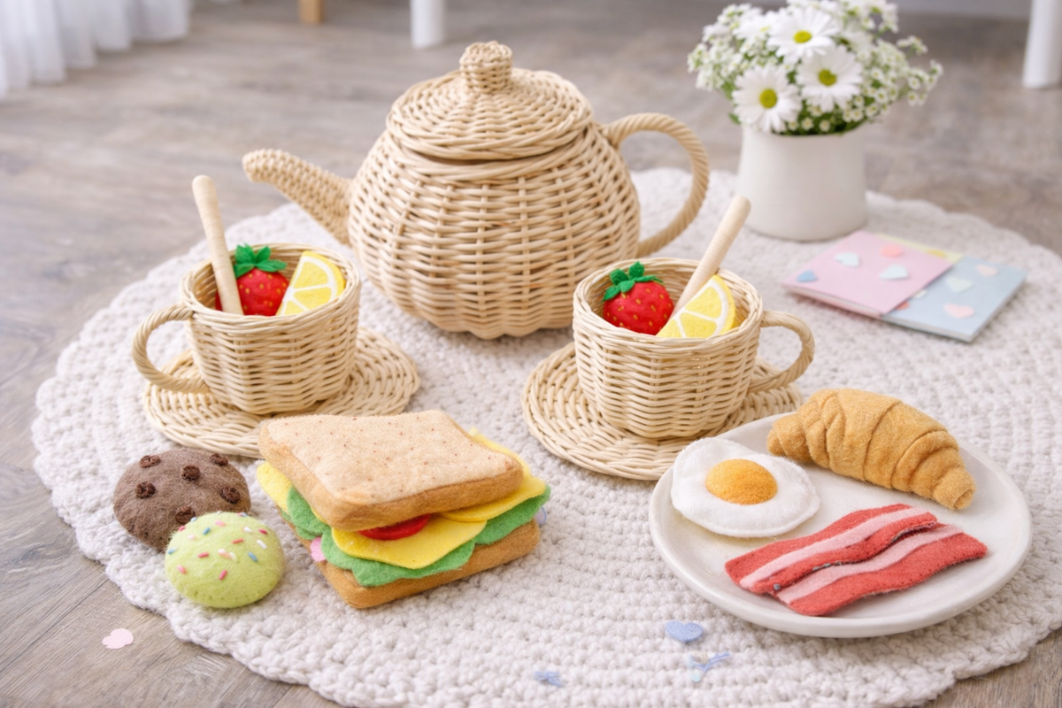 Wicker tea party play set with teapot, two cups and saucers arranged with toy food
