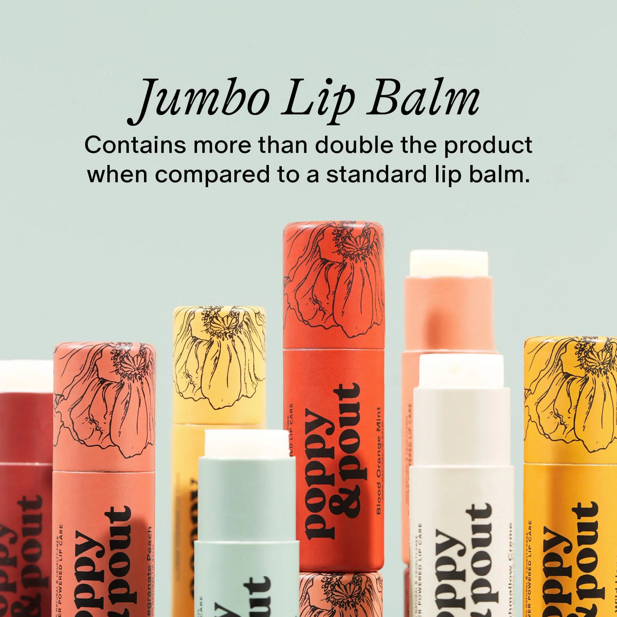 Jumbo pink grapefruit lip balm tube with white cap in a product lineup