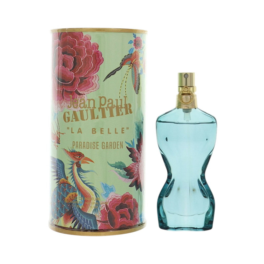 Jean Paul Gaultier Paradise Garden eau de parfum set, illustrated tin box and light-blue bottle.