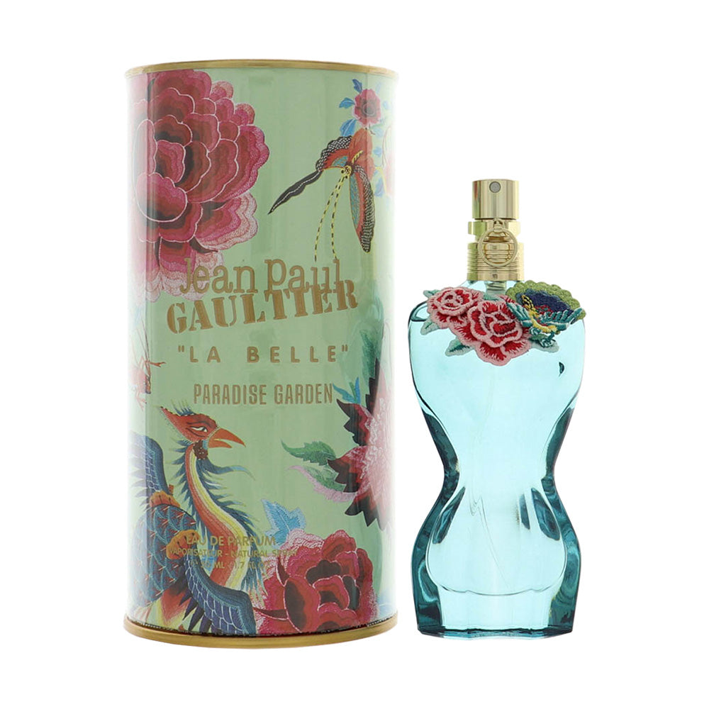 Jean Paul Gaultier Paradise Garden eau de parfum with tall box and light-blue bottle, gold cap.