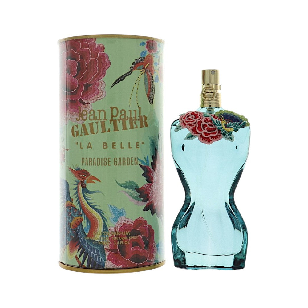 Jean Paul Gaultier Paradise Garden eau de parfum set: colorful box and light-blue glass bottle.