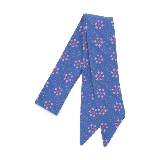 Blue hair sash with pink and orange square floral pattern