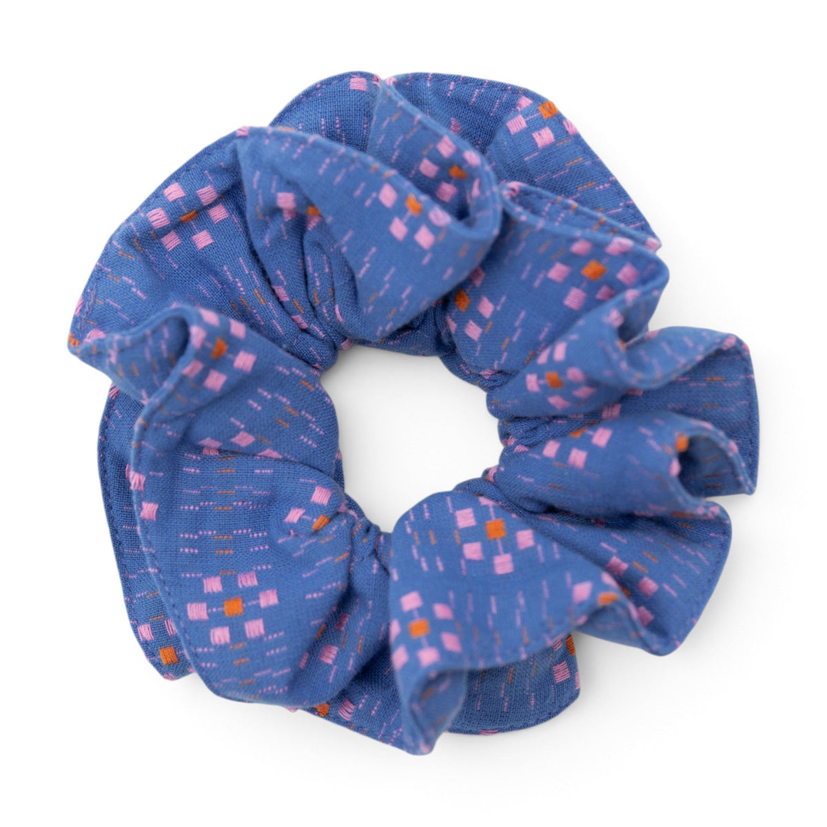 Blue patterned hair scrunchie with gathered fabric bow