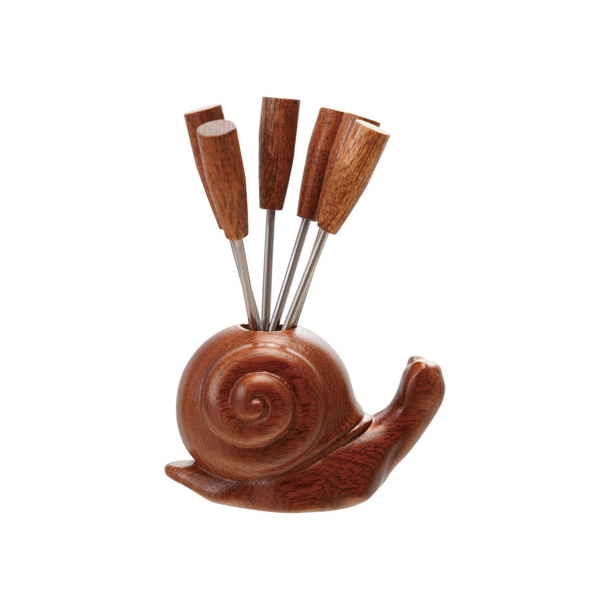 Wooden snail-shaped appetizer pick holder with 6 stainless steel skewers