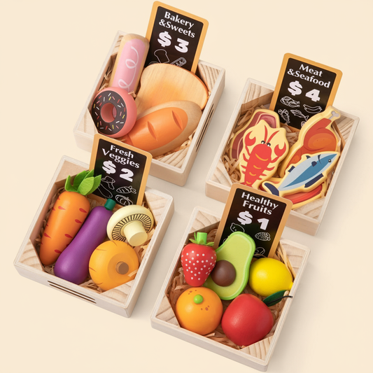 Wooden play kitchen food accessory set with two storage trays and pretend meals