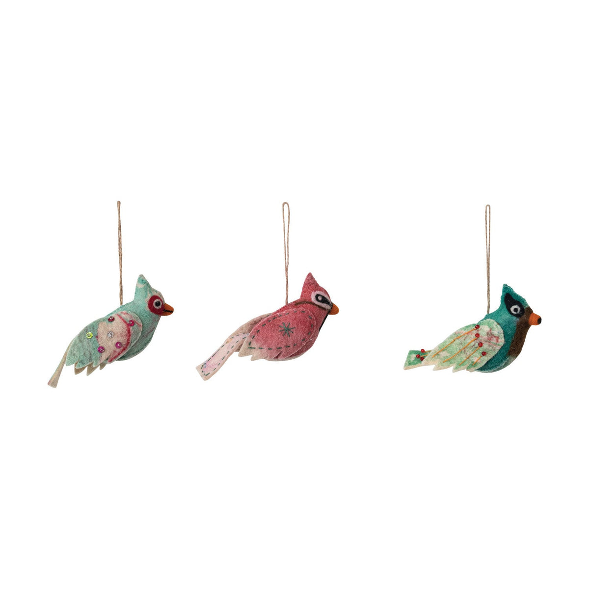 Handmade wool felt bird ornaments, teal, pink, and green with hanging threads
