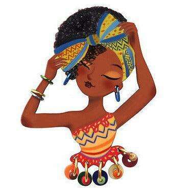 Colored African woman head brooch with beaded dangles and pin backing