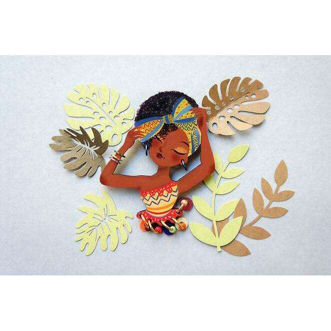 African woman brooch surrounded by leaf cutouts with bead charm dangles