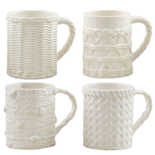 Set of white ceramic coffee mugs with woven relief texture and side handles
