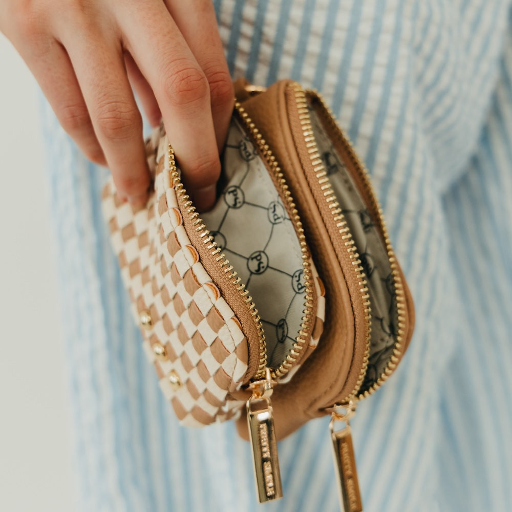 Woven double-zip clippable card wallet, tan checkered exterior with open card slots