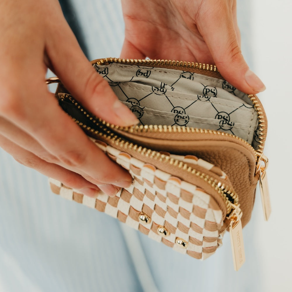 Woven double-zip clippable card wallet, brown-and-cream checkered exterior with open interior