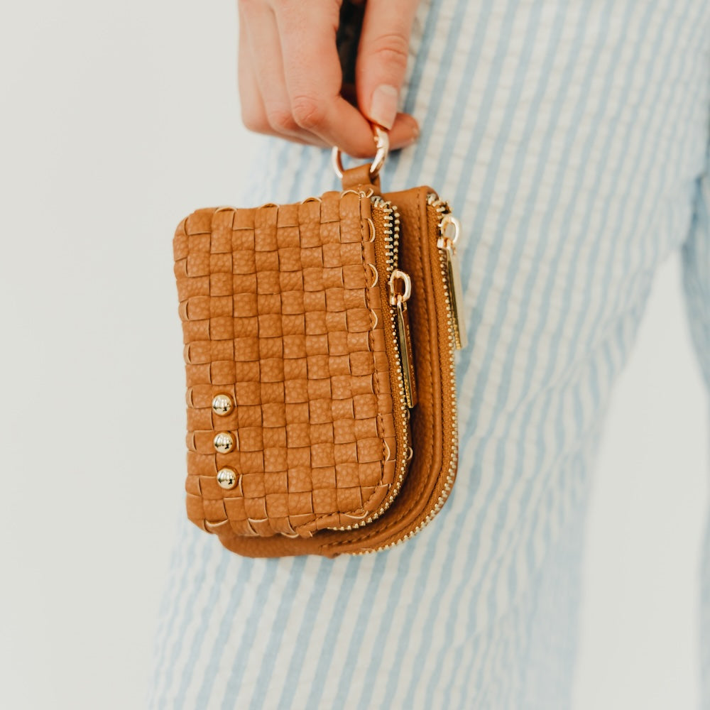 Woven double-zip clippable card wallet, tan woven texture with gold zipper pulls