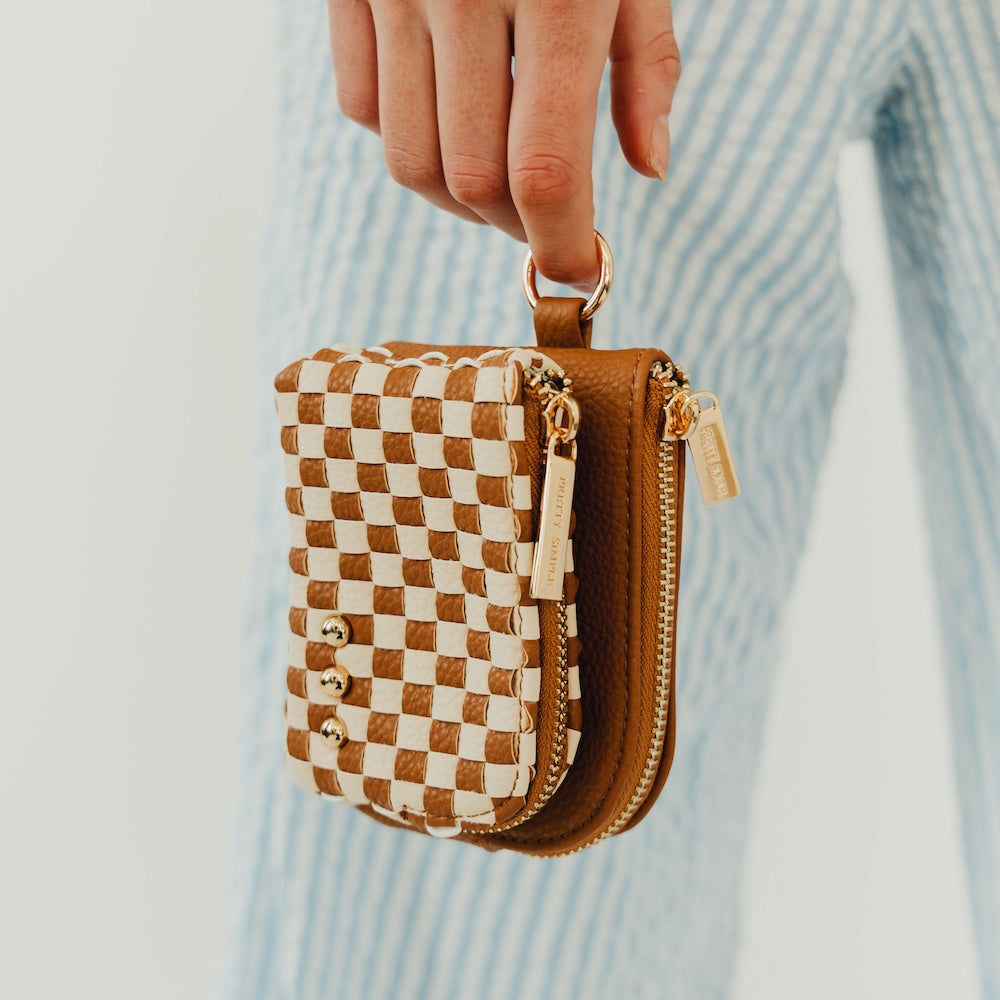Woven double-zip clippable card wallet, brown and cream checkered with gold hardware
