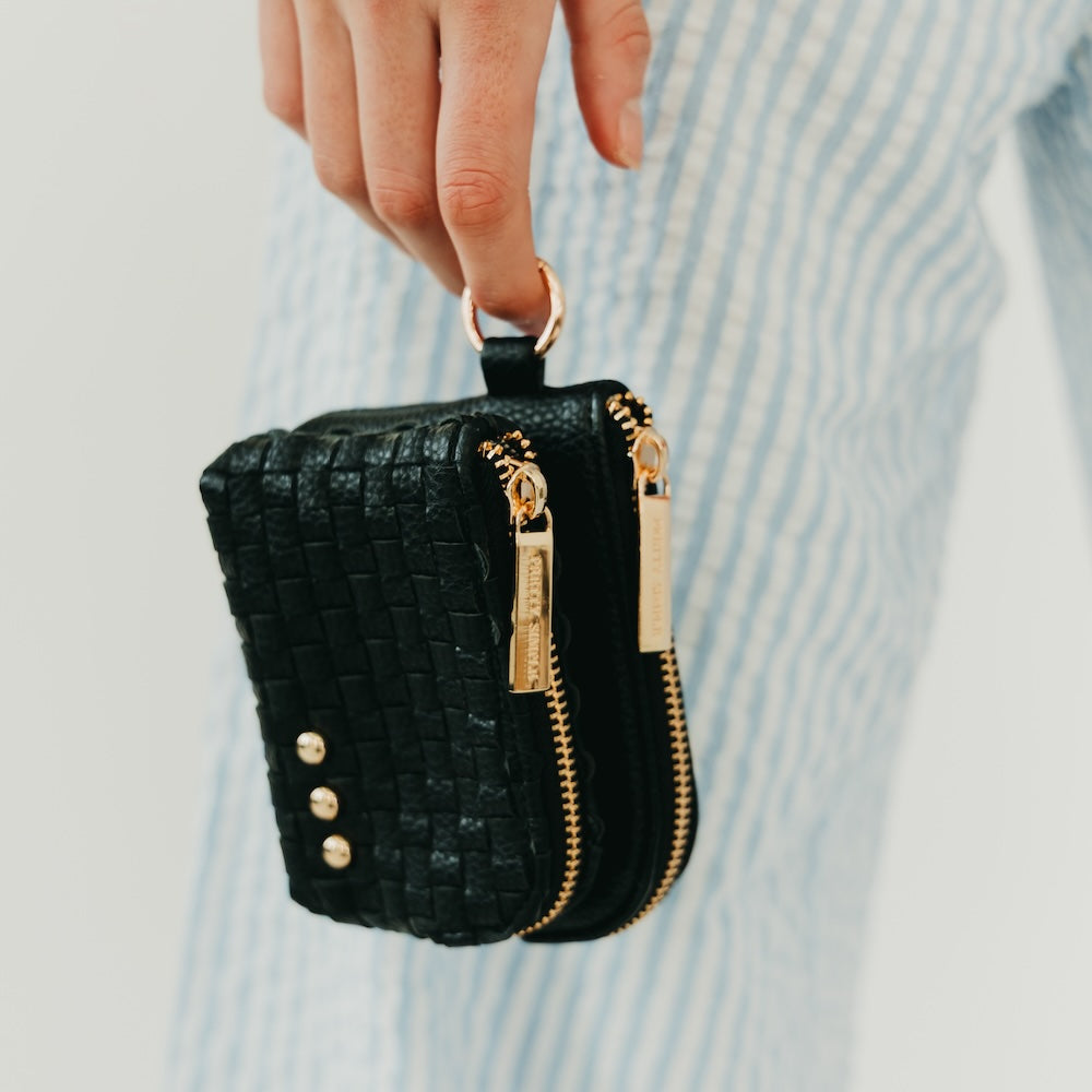Woven double-zip clippable card wallet, black woven texture with gold zipper pulls