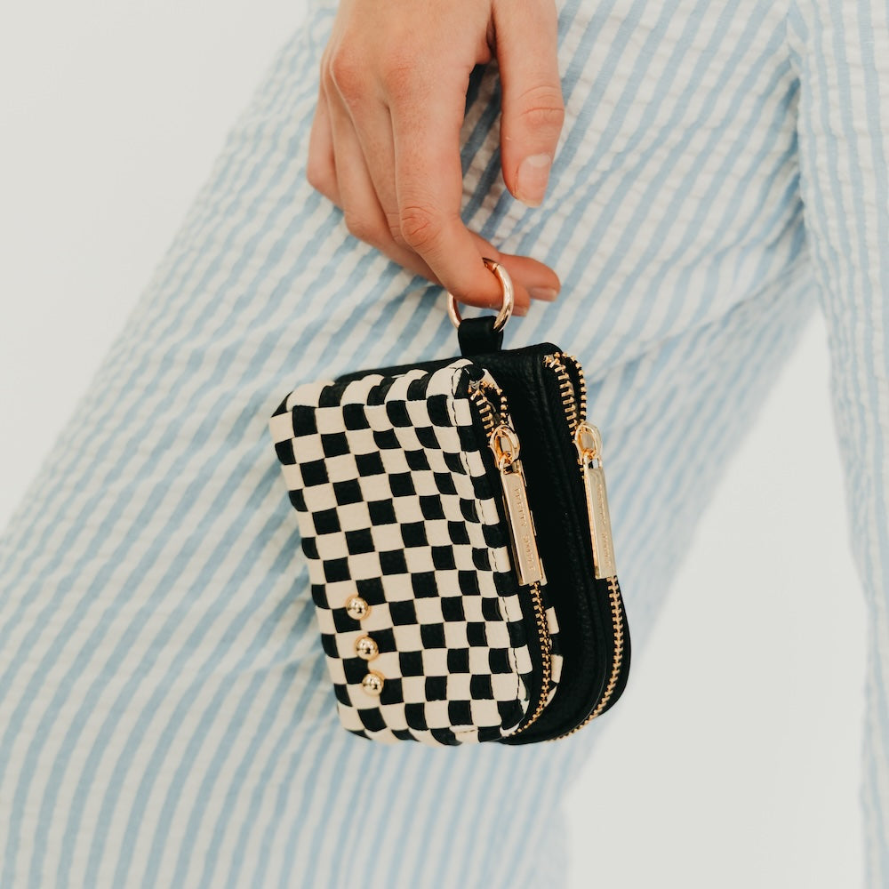 Woven checkered double-zip clippable card wallet, black and cream with gold hardware