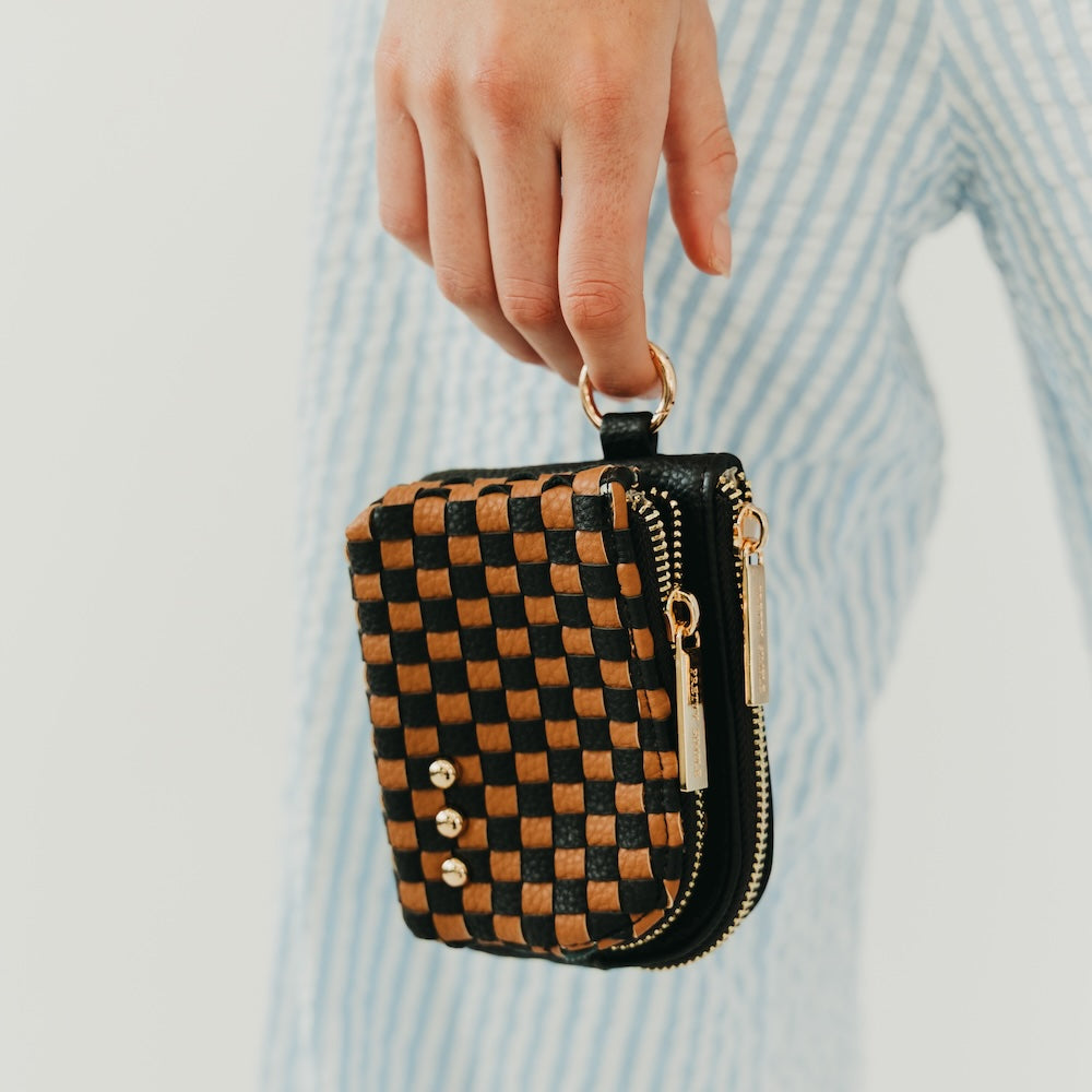 Woven checkered double-zip clippable card wallet, black and cream with gold hardware