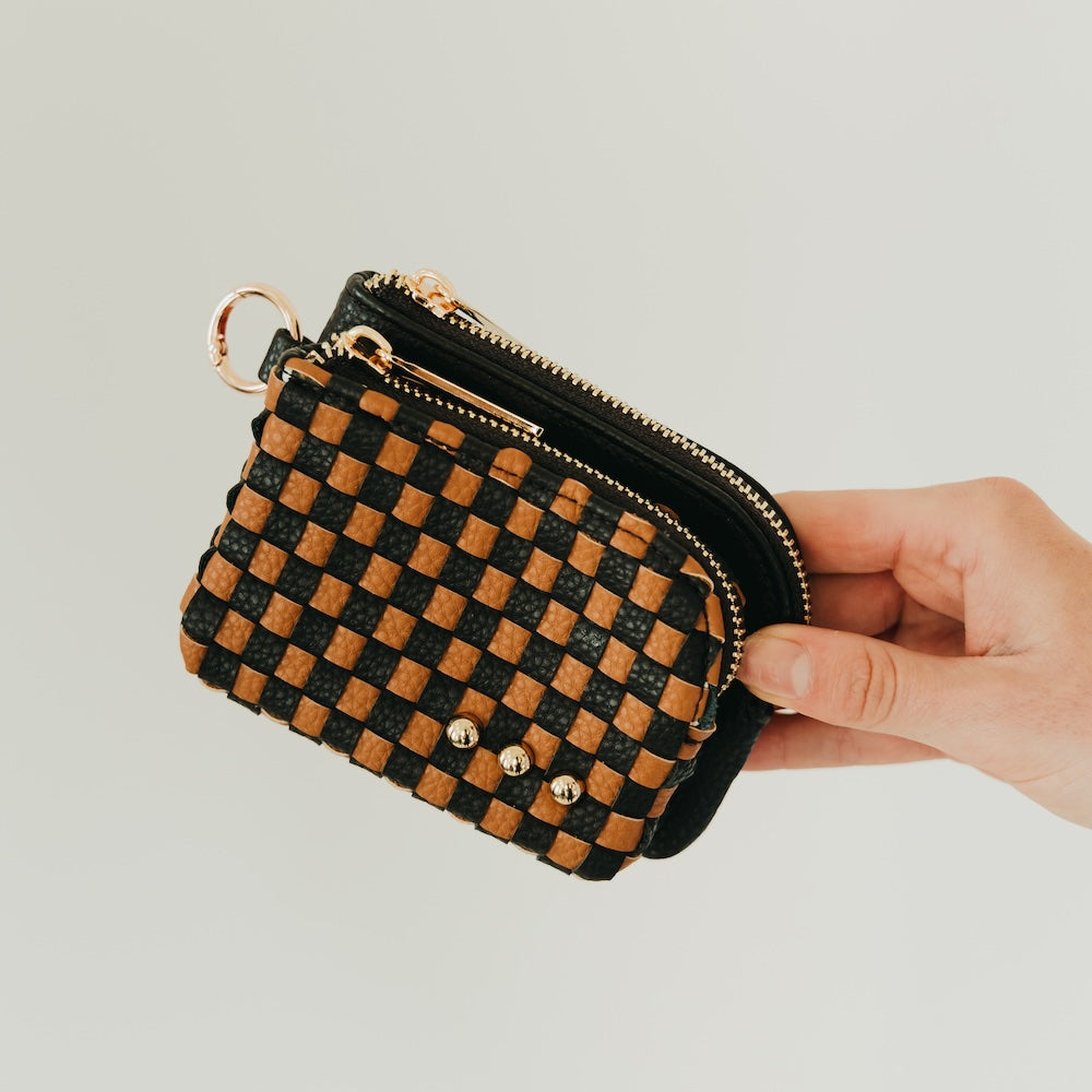 Woven double-zip clippable card wallet, black and tan checkered front with gold zippers
