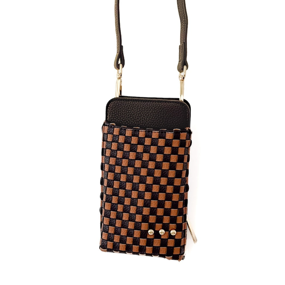 Woven double-duty phone bag with brown and black checkered front