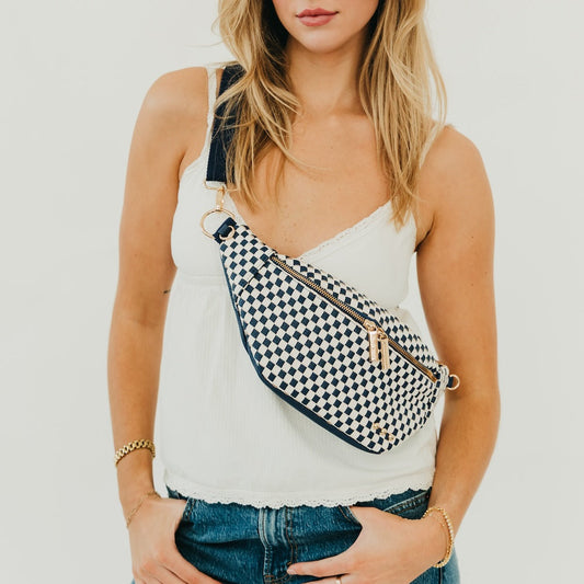 Woven bum bag with navy-and-white check pattern, gold zip, adjustable belt strap.