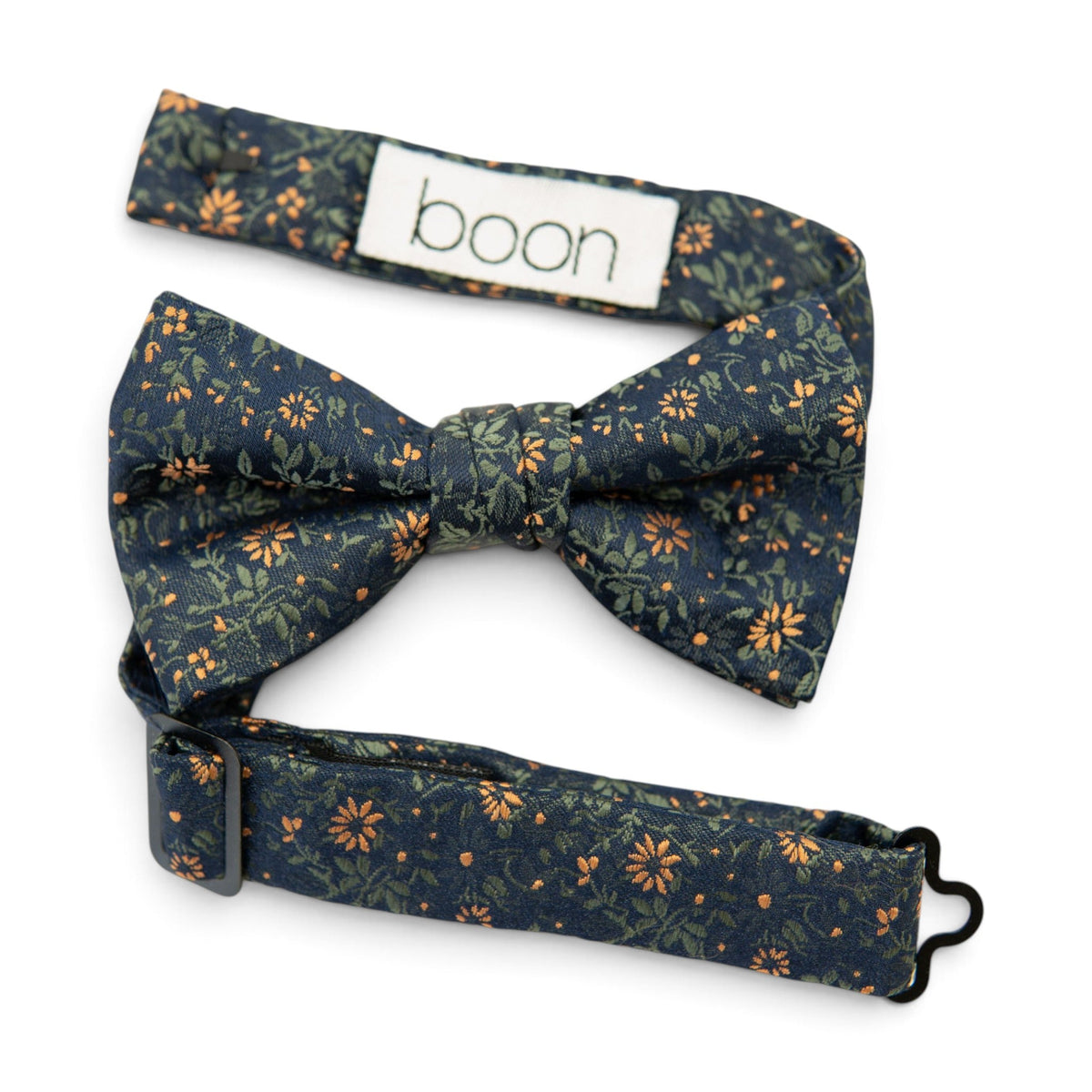 Boys bow tie in dark navy with orange and green floral pattern