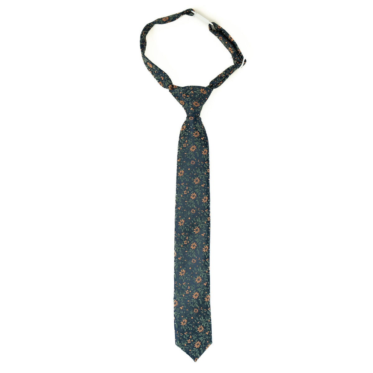 Boys' necktie in dark teal with small orange and green floral pattern